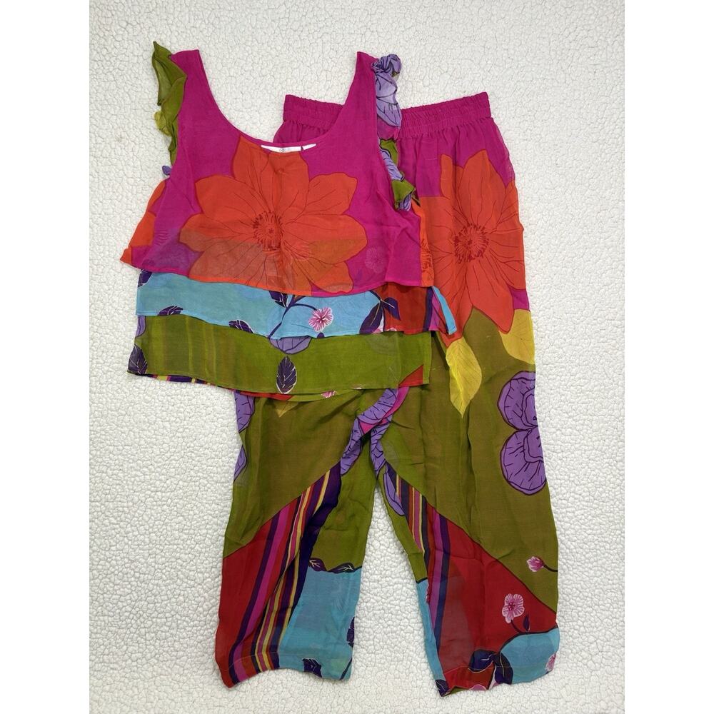Vtg SACRED THREAD 2pc Set Hippie Gypsy Festival Flowy Pants Tank Flower Ruffle L